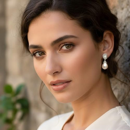 Mariell Pearl Bridal Wedding Drop Earrings with CZ Crystals for Brides, Bridesmaids, Birthday Gift - color: Silver - Clear Cubic Zirconia
