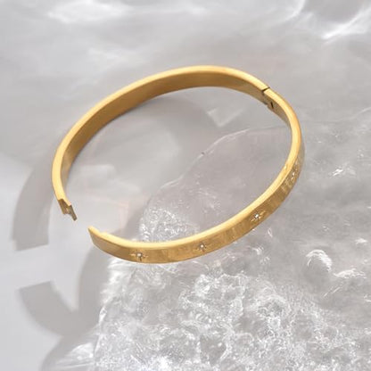 Gold Bangle for Women 18K Gold Plated Bamboo Heart Star Labyrinth Bangle Bracelets Dainty Stainless Steel Jewelry Gifts - color: North Star Bangle-Gold