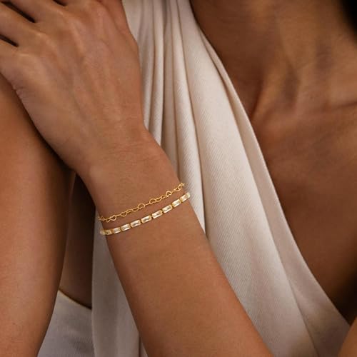 Dainty 14K Gold Plated Bracelets for Women Waterproof, Non Tarnish Gold Jewelry Sets, Thin Stackable Link Paperclip Chain Bracelet Pack Fashion Accessories Gifts for Womens - style: 5Pcs BRACELET SET-08