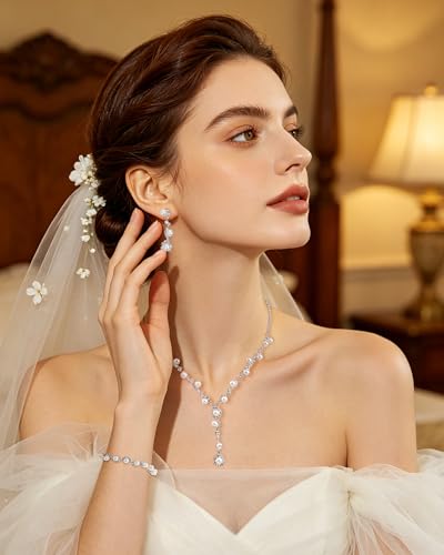 Pearl Jewelry Set for Women with Cubic Zirconia and Pearl Dangle Bridal Earrings Necklace Bracelet Set for Wedding Jewelry