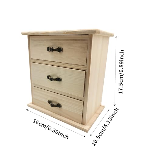 2-Pack Unfinished Solid Pine Wood Box with 3 Mini Drawers, Blank Natural Wooden Jewelry Organizer, Paintable and Carvable Storage Box for Arts, Crafts and DIY Projects