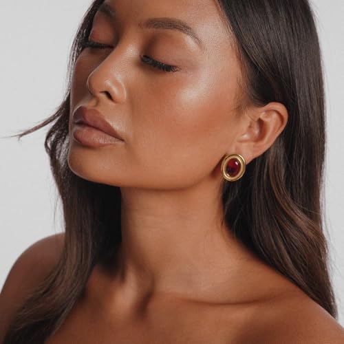 RAUCHBE Big Chunky Gold Earrings for Women Vintage Black Oval Earring Onyx Statement Earrings Trendy Jewelry - style: Red
