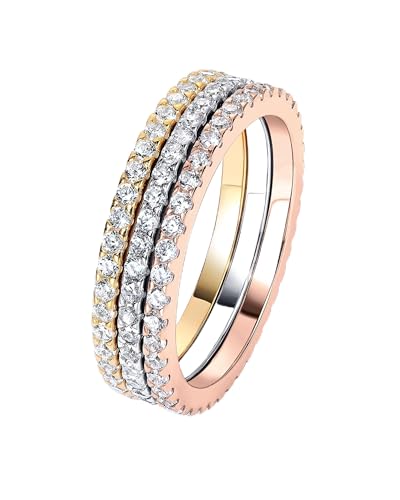 PAVOI 925 Sterling Silver Wedding Band for Women, 14K Gold Plated CZ Ring | Dainty Stackable Rings for Women, Cubic Zirconia Eternity Rings - color: 3-Pack Multicolor