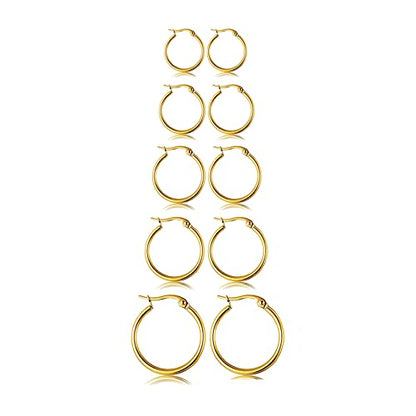5-10 Pairs Small Gold Silver Hoop Earrings for Women, Stainless Steel Earrings Set Mens Lightweight Thin Hypoallergenic Small Hoops Set - style: 5pcs-Gold 8-16mm