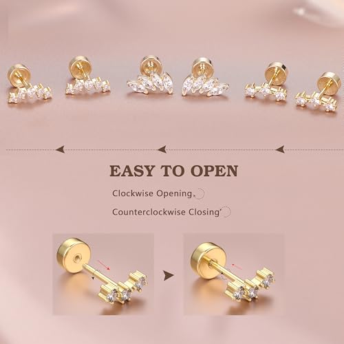 14K Gold Plated 925 Sterling Silver Flat Back Earrings Set | Hypoallergenic Cartilage Helix Conch Tragus Piercing Jewelry 3 Pairs Small Screw Dainty CZ Opal Earring Set Men Women - color: Gold, Style G