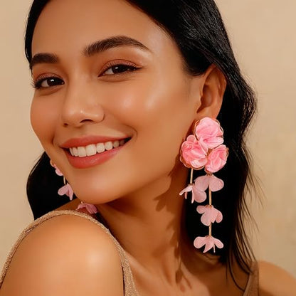 Fabric Flower Earrings for Women Colorful Long Tassel Floral Drop Earrings Fashion Boho Exaggerated Statement Beach Party Jewelry - color: pink
