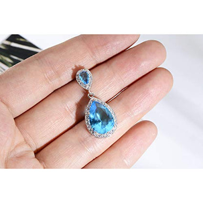 Bridal Jewelry Set for Wedding - 18k Plated Teardrop CZ Crystal Cubic Zirconia Rhinestone Necklace Earrings Set for Bride Bridesmaids Mother of Bride Party Prom Birthstone Costume Jewelry - color: Mar-Aquamarine