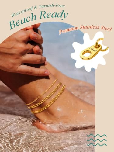 FaithHeart Waterproof Ankle Bracelets for Women, 1/2/3Pcs Non Tarnish Stainless Steel Layered Anklet Set Paperclip Figaro Cuban Link Chain Dainty Summer Beach Jewelry Gift Adjustable Size - style: d.Cuban Mixed 3Pcs - Gold