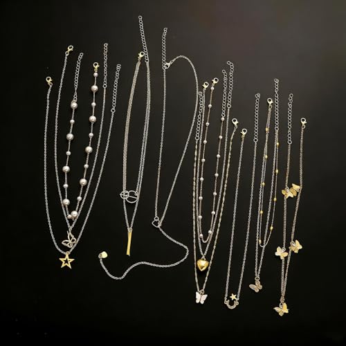 11 Pcs Gold Tone Layered Necklace Set, Dainty Pearl Chain, CZ Butterfly, Heart, Moon Star & Vertical Bar Pendant, Minimalist Trendy Jewelry for Women (Gold)