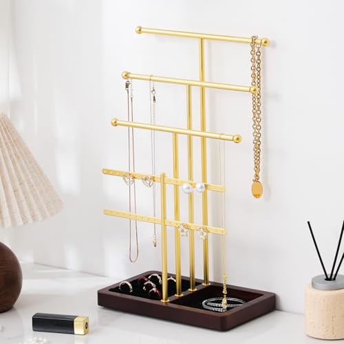 modern T-shaped jewelry rack, jewelry tower, gold metal, square ceramic base decoration display tower, necklace, bracelet, ring storage rack (4-layer wooden pallet black) - style: 4-layer wooden pallet black