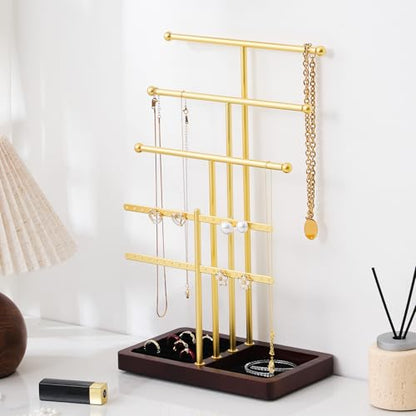 modern T-shaped jewelry rack, jewelry tower, gold metal, square ceramic base decoration display tower, necklace, bracelet, ring storage rack (4-layer wooden pallet black) - style: 4-layer wooden pallet black