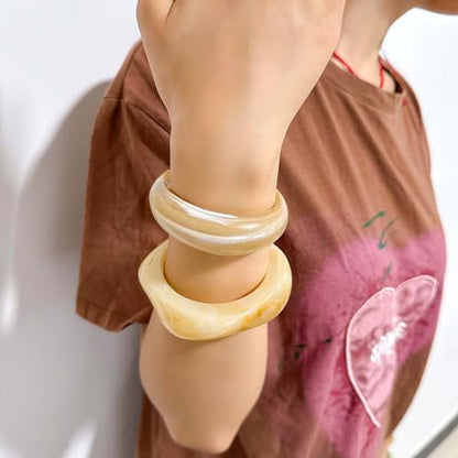 2PCS Chunky Acrylic Bracelet for Women Large Square Resin Cuff Vintage Open Bangle Bracelets Wide Geometric Jewelry - style: Beige+coffee