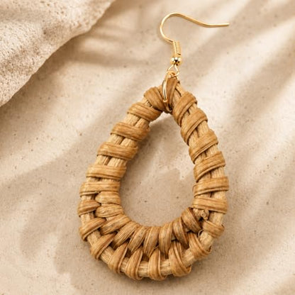 Handmade Rattan Teardrop Dangle Earrings for Women, Lightweight Boho Woven Statement Earrings with Gold Fish Hook, Natural Straw Weave Vacation Jewelry for Summer Beach - style: Tear Drop