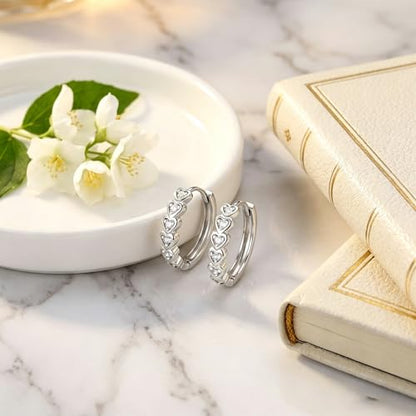 Women's 925 Sterling Silver Earrings -14mm, Exquisite White Heart Hoop Earrings With Sparkling Cubic Zirconia, Lightweight Hypoallergenic, Fashion Cute Jewelry Gift, Daily And Party Wear - color: Silver