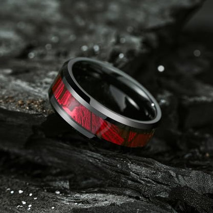King Will Tungsten Wedding Band Wood Inlay for Men Black Beveled Edge | Black, 8mm, Beveled Edge, Comfort Fit, Wood inlay, Promise Gift - color: Black-Red