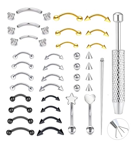 Suotarn 47pcs 16G Stainless Steel Eyebrow Piercing Rings Clear CZ Curved Barbell Helix Daith Rook Earrings Piercing Body Jewelry for Women Men - style: 37pcs mix
