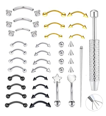 Suotarn 47pcs 16G Stainless Steel Eyebrow Piercing Rings Clear CZ Curved Barbell Helix Daith Rook Earrings Piercing Body Jewelry for Women Men - style: 37pcs mix