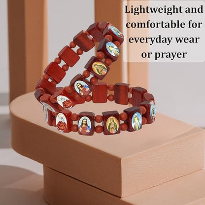 Catholica Shop Devotional Catholic Religious Wood Stretch Bracelets. Small and Large Panels with Assorted Images of Saints, Jesus and Mary. Unisex. Handcrafted in Brazil - style: Small Panel Red Tone