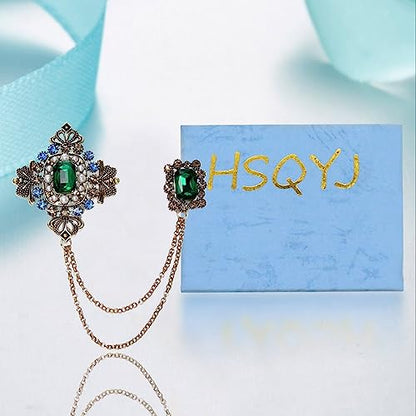 Retro 14k Gold Plated Chain Green Crystal Brooches Collar Pins Crystal Rhinestone With Hanging Chain Suit Shirt Lapel Brooch Pin Fashion Jewelry for Men Boy (Green Rectangle)
