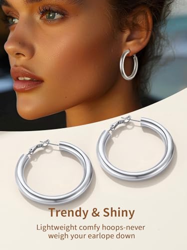 FindChic Hoop Earrings for Women, Silver/Black/14K Gold Plated Hypoallergenic Hollow Round Tube Loop Earrings, 20mm/30mm/40mm/60mm/80mm Chunky Hoops with Custom Name Options & Gift Box - color: b.Silver, size: 40MM