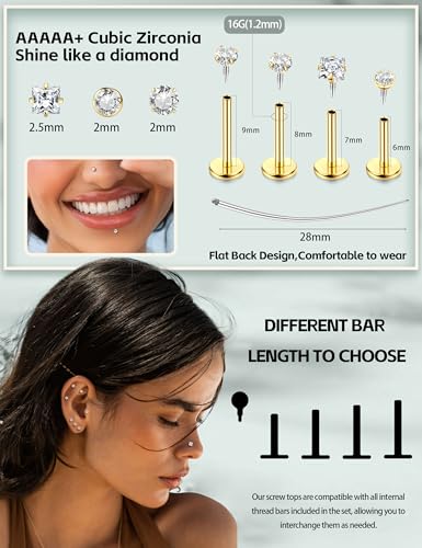 JeryWe 18G 16G Flat Back Earrings Studs for Women - Hypoallergenic Surgical Steel Internal Thread CZ Stud Earrings Stacks 14K Gold Plated Tragus Labret Helix Cartilage Conch Nose Stud Piercing Jewelry - color: 14K Gold Plated, size: 16G(1.2mm)