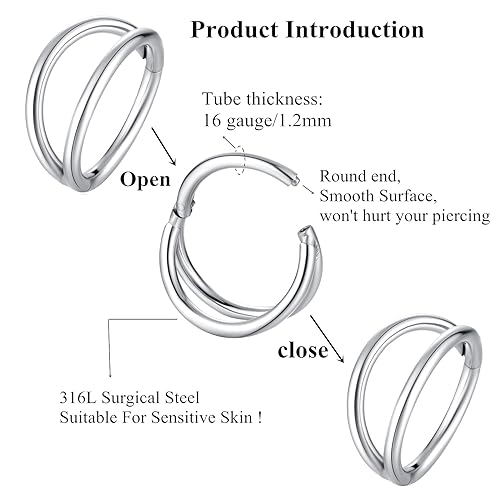 ORANGELOVE Double Hoop Nose Ring 18G 16G 316L Surgical Steel Cartilage Earring Septum Jewelry Seamless Hinged Clicker Segment Ring Conch Daith Tragus Helix Rook Piercing Earring Lip Ring - color: Silver, size: 2pcs 16 Gauge 6mm