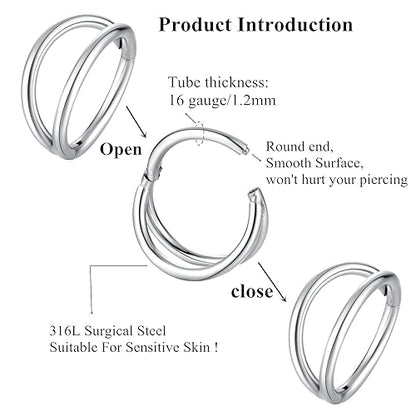 ORANGELOVE Double Hoop Nose Ring 18G 16G 316L Surgical Steel Cartilage Earring Septum Jewelry Seamless Hinged Clicker Segment Ring Conch Daith Tragus Helix Rook Piercing Earring Lip Ring - color: Silver, size: 2pcs 16 Gauge 6mm