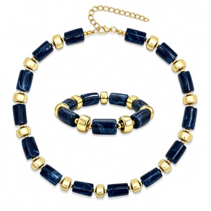 YBMYCM Colorful Resin Beaded Necklace Bracelet Set for Women, Adjustable Chunky Choker Necklace with Stretch Bracelet, Boho Statement Summer Beach Jewelry Gift for Her - color: Dark blue