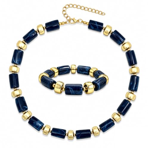 YBMYCM Colorful Resin Beaded Necklace Bracelet Set for Women, Adjustable Chunky Choker Necklace with Stretch Bracelet, Boho Statement Summer Beach Jewelry Gift for Her - color: Dark blue