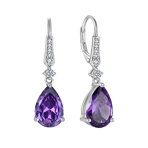 Women 925 Sterling Silver Birthstone Teardrop Leverback Drop Dangle Earrings 8 * 12mm 5A Cubic Zirconia Jewelry for Her - color: Februar,Amethyst Color