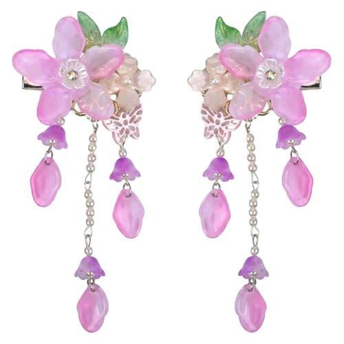 A Pair Wedding Hair Clips, Handmade Floral Design Crystal Hair Clips Pearl Barrettes, Rhinestones Flower Clips Pearl Headpieces Hair Pins Hair Accessories for Women Girls (Purple&Green) - color: Purple&Green