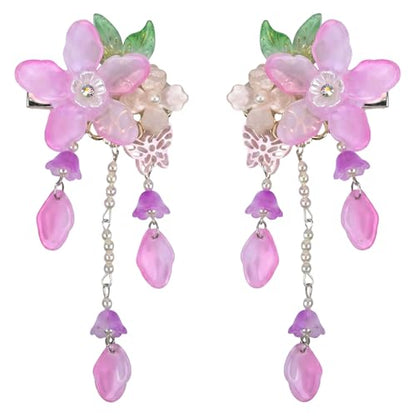A Pair Wedding Hair Clips, Handmade Floral Design Crystal Hair Clips Pearl Barrettes, Rhinestones Flower Clips Pearl Headpieces Hair Pins Hair Accessories for Women Girls (Purple&Green) - color: Purple&Green