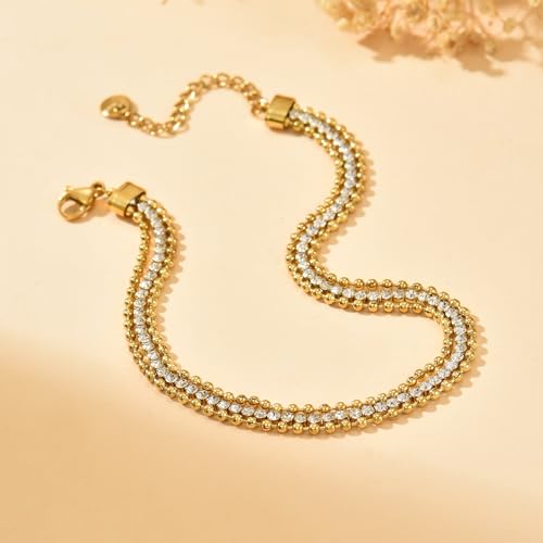Anklets for Women, 18K Gold Plated Dainty Ankle Bracelets with Tennis, Pearl, Daisy, Lip, Snake Chain, Layered CZ Anklet Waterproof, Adjustable Boho Summer Beach Foot Jewelry - style: 3 Layer Ball Chain
