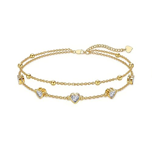 Midari 18K Yellow Gold Gemstone Birthstone Anklet Bracelet Heart Jewelry with 12 Months Birthstone Birthday Gifts for Women Wife Her Daughter Mom - color: 04-Apri-White CZ, size: Bracelet 7"-9"
