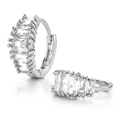 CZ Huggie Hoop Earrings for Women | Sparkly Cubic Zirconia, Small Hoop, Lightweight, Everyday Fashion Jewelry - color: Baguette CZ - Silver