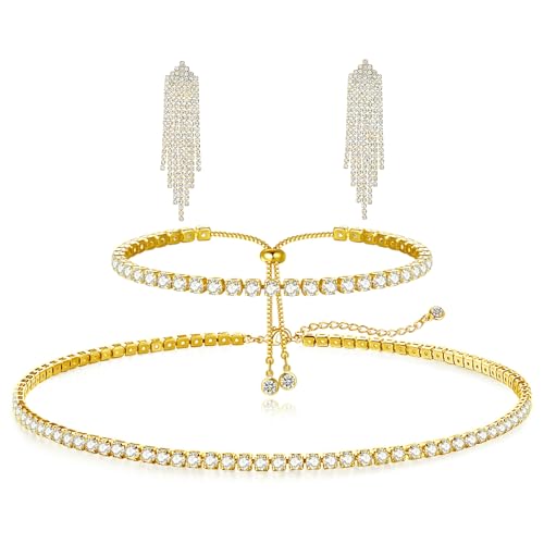 HAXIYA Tennis Necklace Bracelet for Women, Sterling Sliver Jewelry Set, Silver/Gold Chocker Necklace, Crystal Bracelet for Women, Wedding Jewelry for Bride, Sparkly Party Prom Hypoallergenic - color: Tassle Set of 3 - Gold