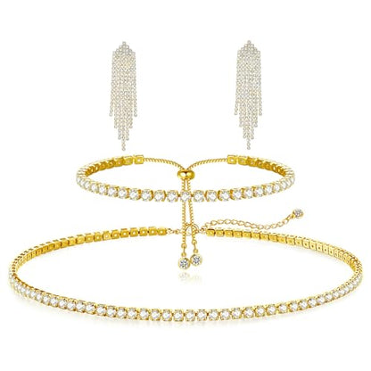 HAXIYA Tennis Necklace Bracelet for Women, Sterling Sliver Jewelry Set, Silver/Gold Chocker Necklace, Crystal Bracelet for Women, Wedding Jewelry for Bride, Sparkly Party Prom Hypoallergenic - color: Tassle Set of 3 - Gold