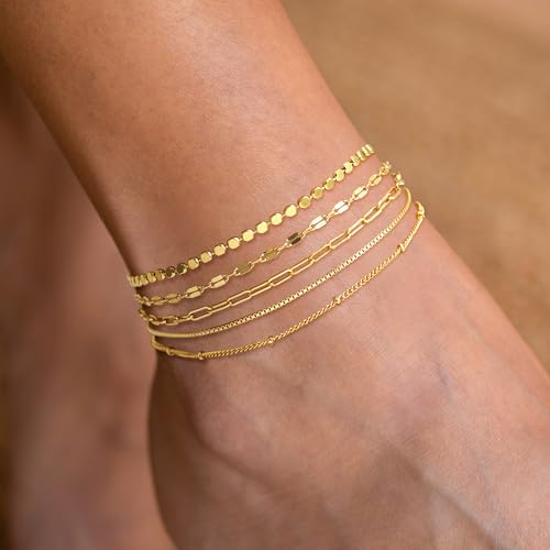 Dainty Ankle Bracelets for Women Waterproof | Layered Gold Plated Tennis Cuban Snake Rope Paperclip Beaded Link Chains Set, Summer Beach Jewelry Gift - color: Gold Anklet C