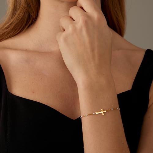18K Gold Plated Pearl Beaded Cross Bracelets for Women Adjustable Stainless Steel Dainty Thin Gold Box Cuban Twisted Link Chain Bracelet Bridesmaid Jewelry Gifts - color: White Cross-Gold