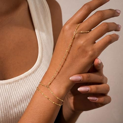 Bracelets for Women, Dainty Gold Silver Ring Bracelet Hand Chain | Cubic Zirconia Pearl Charms, 14K Gold Plated, Adjustable Fit, Trendy Stackable Link Chain, Waterproof Jewelry, Gift for Her - color: Gold-dot hand chain bracelet-2 pieces