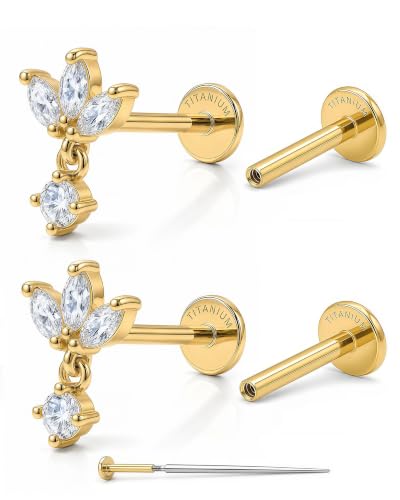 YACHY ASTM F136 G23 Titanium Flat Back Stud Earrings, Internally Threaded Screw-On Hypoallergenic Body Piercing Jewelry for Everyday Wear, Tragus Helix Conch Monroe Medusa Lip, 18G 6mm 8mm - color: Crystal Blossom--2pcs+2bar--Gold, size: 6mm+8mm