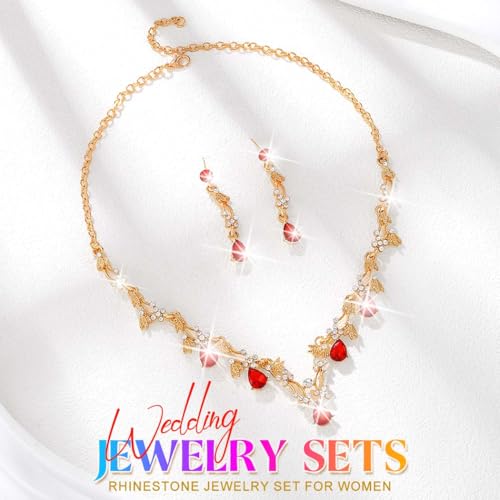 Gold Rhinestone Jewelry Set Bridal Wedding Necklace Earrings Sets Prom Formal Costume Jewelry for Women and Brides - color: Red