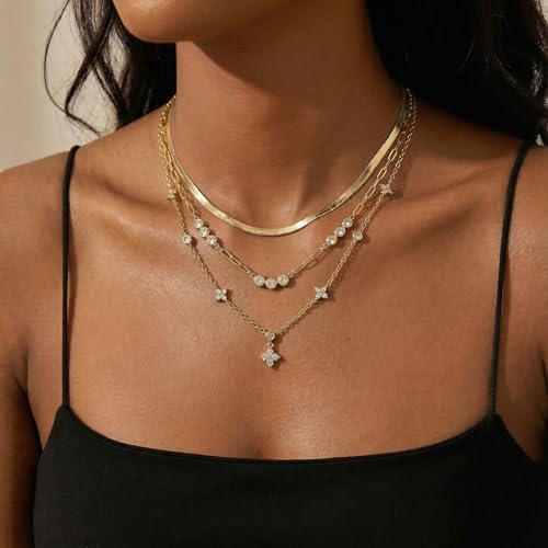 Coolkin 3 PCS Women Gifts Layered Gold Necklace for Women,14K Gold Plated Dainty CZ Pendant Layering Gold Necklaces Set Chain Choker Cubic Zirconia Necklace Trendy Jewelry Gifts - style: Clover CZ