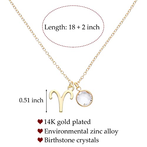 14k Gold Plated Zodiac Birthstone Crystal Pendant Necklace, Horoscope Sign Charm Necklace for Women Birthday Gift - color: Aries-Apr.