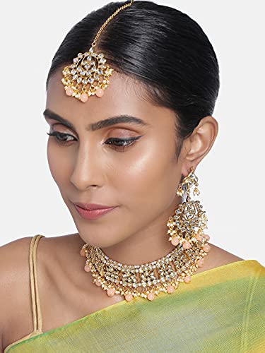 Aheli Elegant Indian Faux Kundan Studded Choker Necklace with Maang Tikka Set Ethnic Wedding Wear Bharatanatyam jewellery set Gift for Women - color: Peach