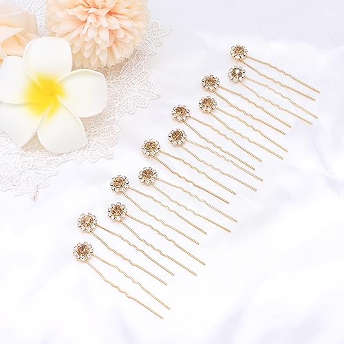 Ammei Crystal Bridal Hair Pins Clips Wedding Hair Accessories Hair Set Jewelry With Rhinestone For Brides and Bridesmaids Set Of 12 (Gold Plated Champagne) - color: Gold Plated Champagne