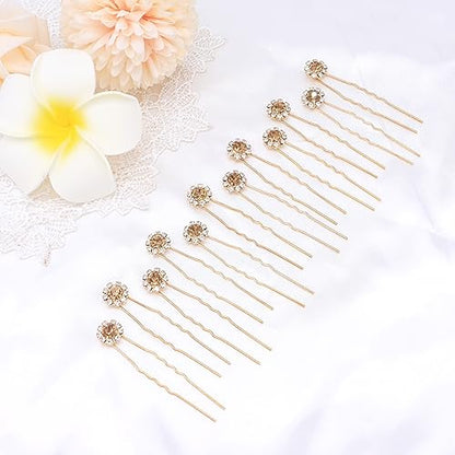 Ammei Crystal Bridal Hair Pins Clips Wedding Hair Accessories Hair Set Jewelry With Rhinestone For Brides and Bridesmaids Set Of 12 (Gold Plated Champagne) - color: Gold Plated Champagne