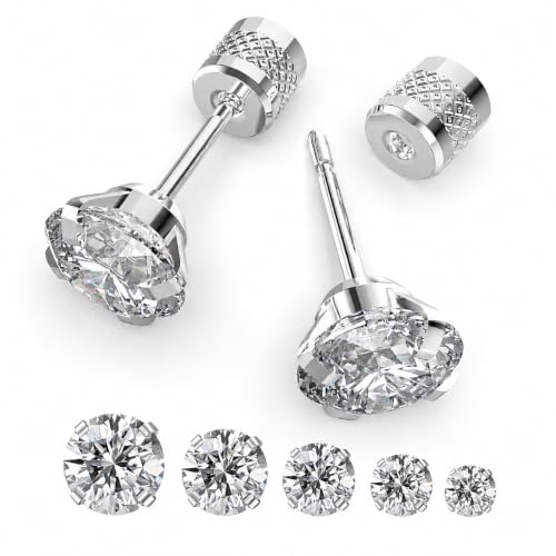 5-6 pairs Push-in Flat Back Stud Earrings Hypoallergenic Surgical Stainless Steel Cubic Zirconia Earrings Studs Set Multi-Pack, CZ Stud Earrings for Women Men Trendy Cartilage Stud Earrings 2-8mm - color: Silver-4/5/6/7/8/mm