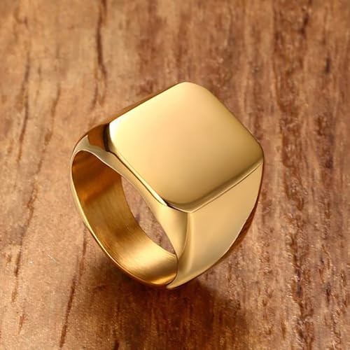 Stainless Steel Square Signet Rings for Men Women Gold/Silver Plain Pinky Thumb Ring, Gift for Dad Husband - color: Square Gold