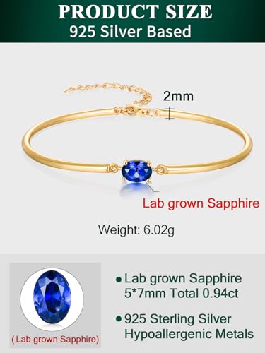 Moissanite/Sapphire/Ruby/Emerald Cuff Bracelet 1 Carat Oval Cut Center Stone Inlaid 925 Sterling Silver 14K Gold Plated Adjustable Birthstone Bangle for Women fit Wrist 5-7.5 Inch - color: Sapphire Gold